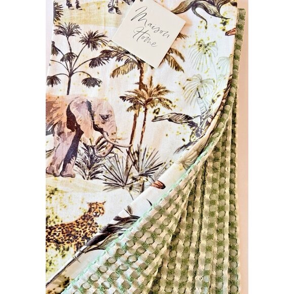 NEW Set 2 Kitchen Towels JUNGLE ANIMALS & Green Check MAISON HOME 100% Cotton - Picture 4 of 5